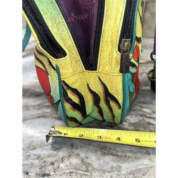 Anuschka Hand Painted Art Leather Tiger Leopard Hibiscus Satchel Purse W/Coin - Picture 8 of 16